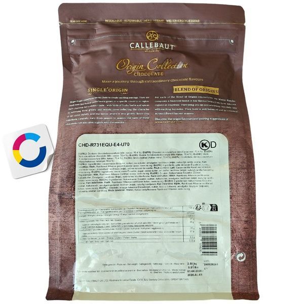 Чорний шоколад курвертюр Еквадор (Ecuador), 70,4 %, Callebaut, 2.5 кг 20135 фото