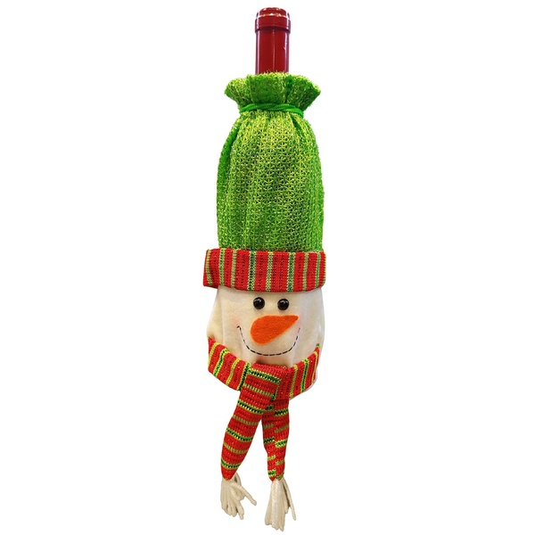 Різдвяний чохол на пляшку вина, новорічний мішечок для шампанського з Сніговиком 18386 фото